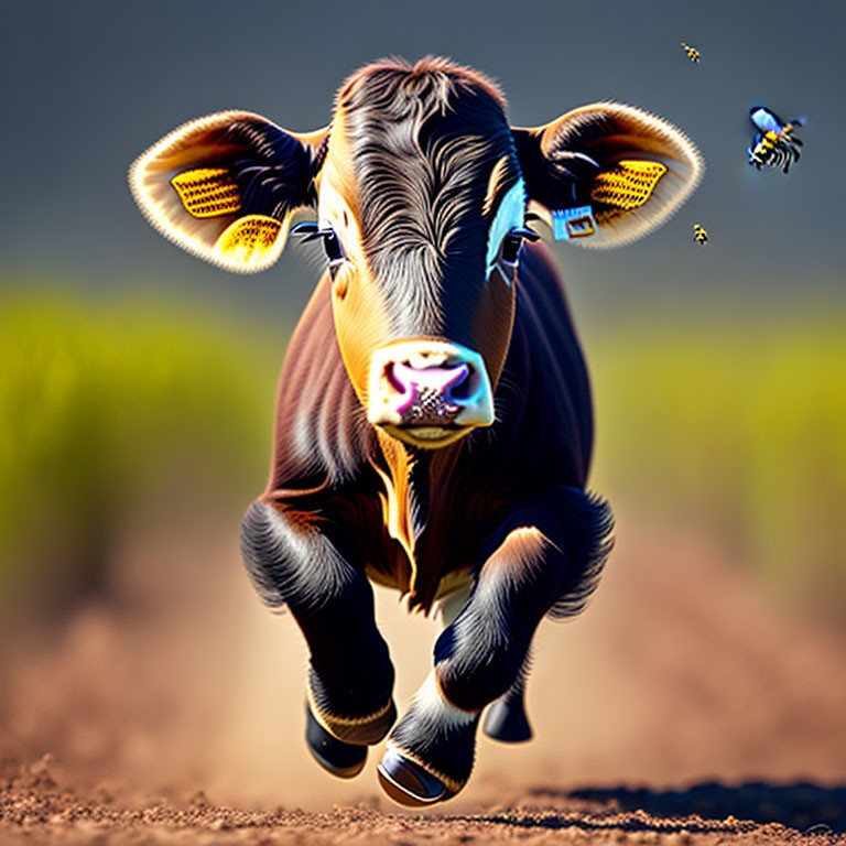 Cow with Butterfly Wings and Bee in Whimsical Scene