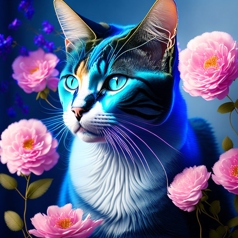 Colorful Digital Artwork: Blue Cat with Glowing Eyes and Pink Peonies