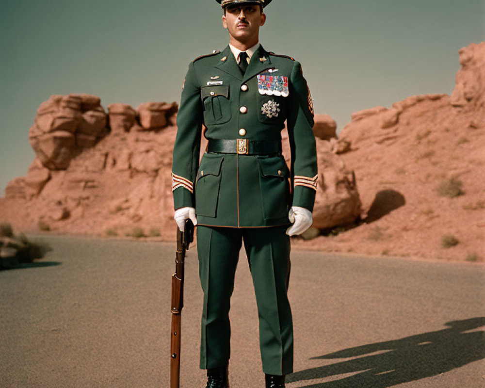 Military figure in uniform in desert landscape with drone overhead