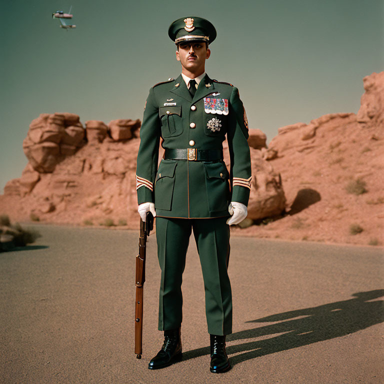 Military figure in uniform in desert landscape with drone overhead