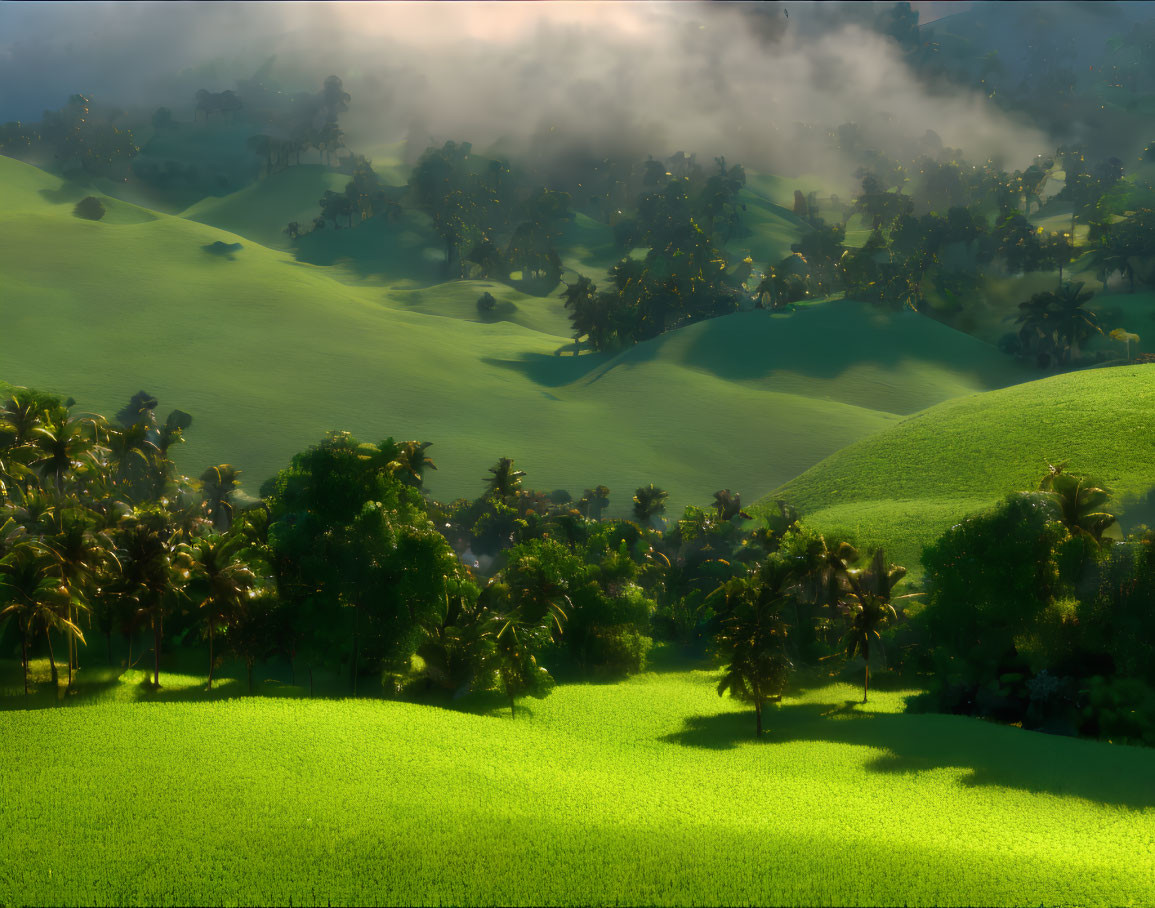 Green Hills with Trees, Mist, Sunlight, and Shadows