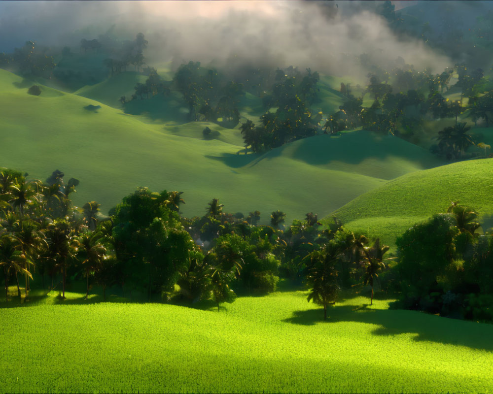 Green Hills with Trees, Mist, Sunlight, and Shadows