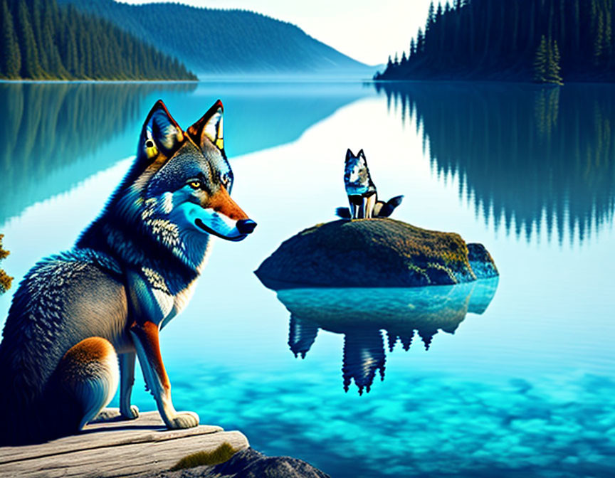 Two wolves by tranquil lake with coniferous trees