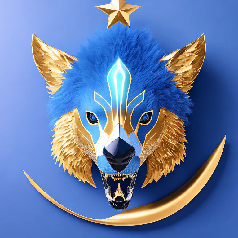 Stylized wolf with blue mane and golden fur details on blue background