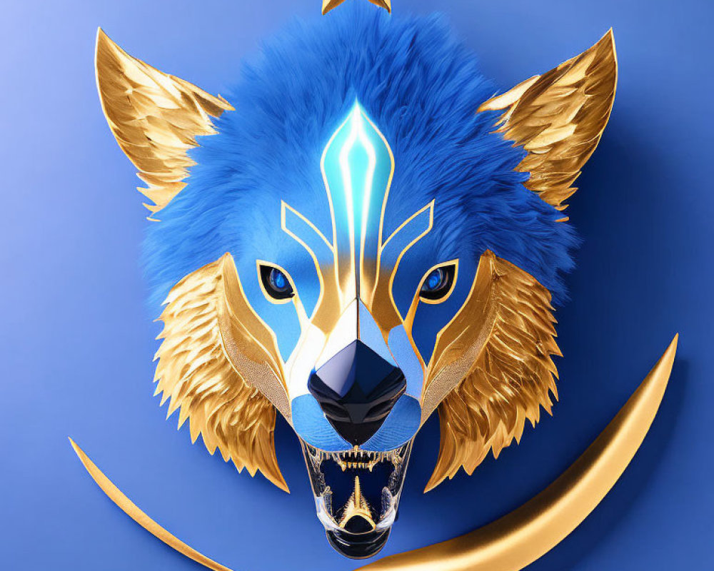 Stylized wolf with blue mane and golden fur details on blue background