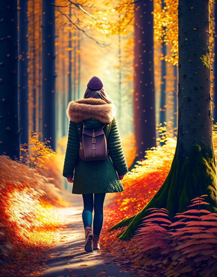 Person in Winter Coat Walking Through Sunlit Autumn Forest