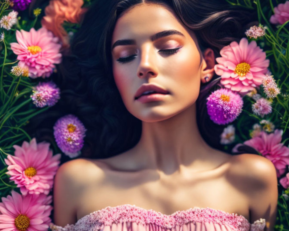 Woman relaxing in colorful flower field with closed eyes and soft pink dress