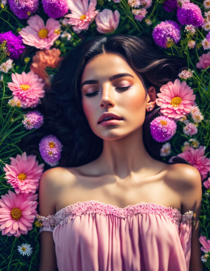 Woman relaxing in colorful flower field with closed eyes and soft pink dress