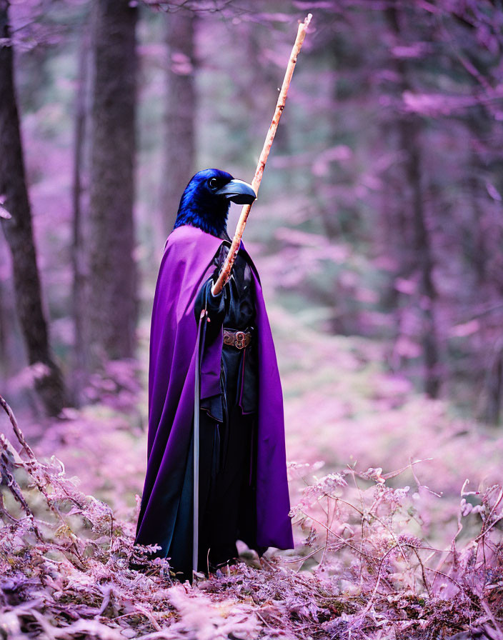 Person in purple cloak with raven mask holding staff in mystical forest.