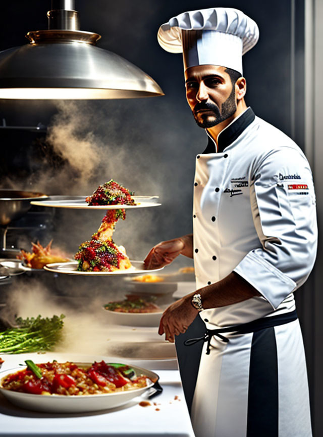 Chef in white uniform plating colorful dish in dramatic kitchen setting