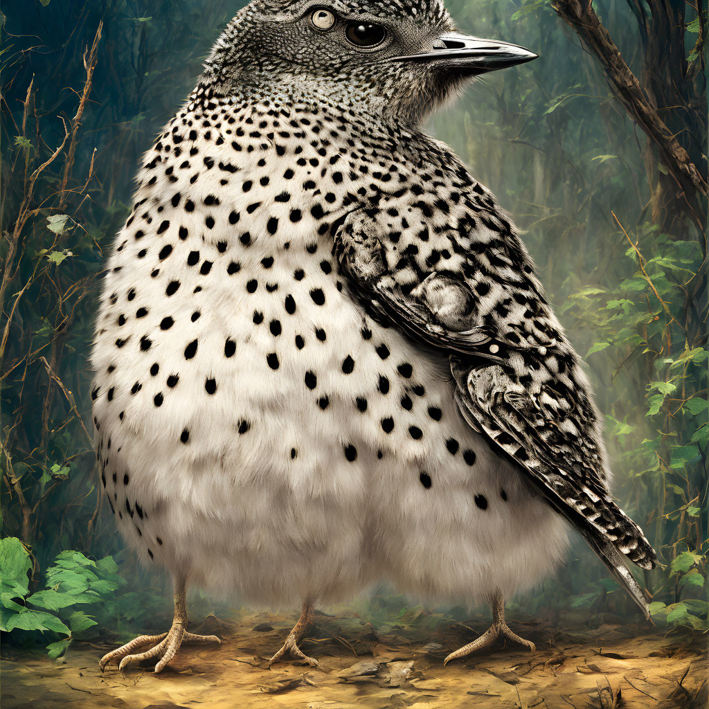 Speckled bird with black spots in forest environment