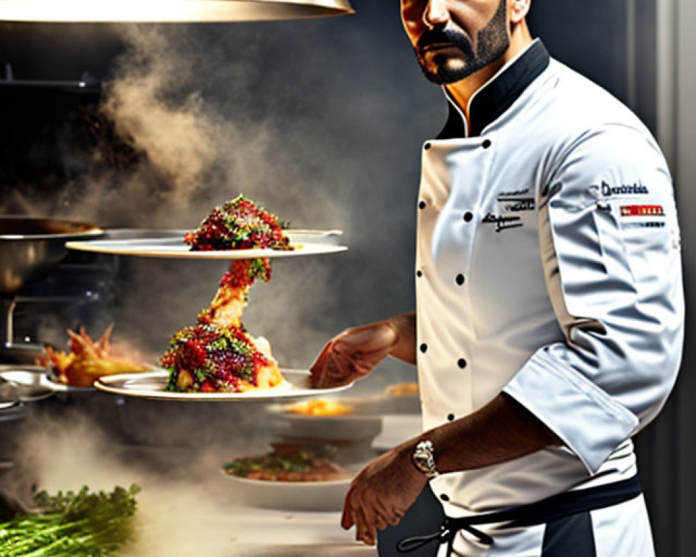 Chef in white uniform plating colorful dish in dramatic kitchen setting