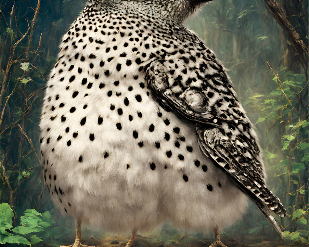 Speckled bird with black spots in forest environment