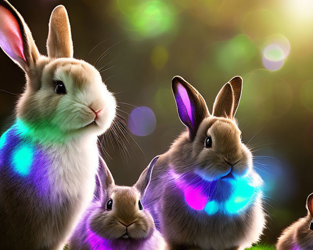 Adorable rabbits under colorful lights on dark background