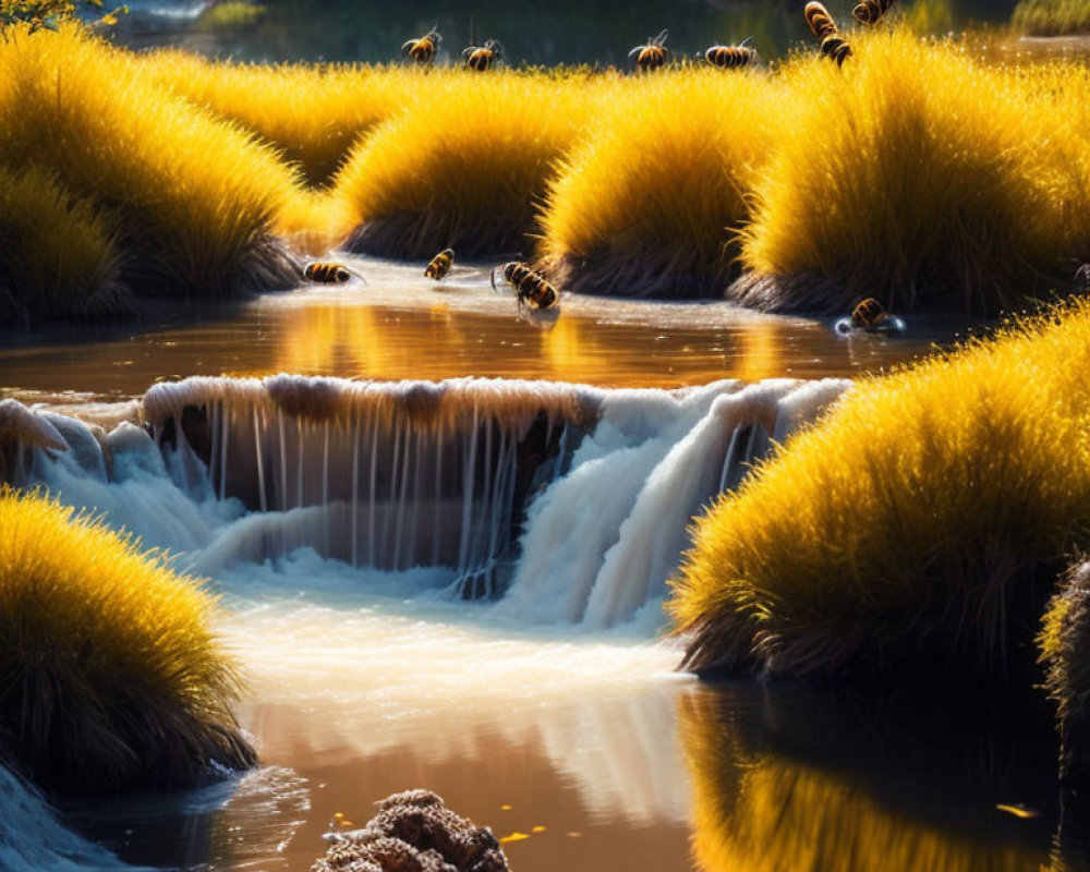 Tranquil waterfall scene with golden grass and hovering bees