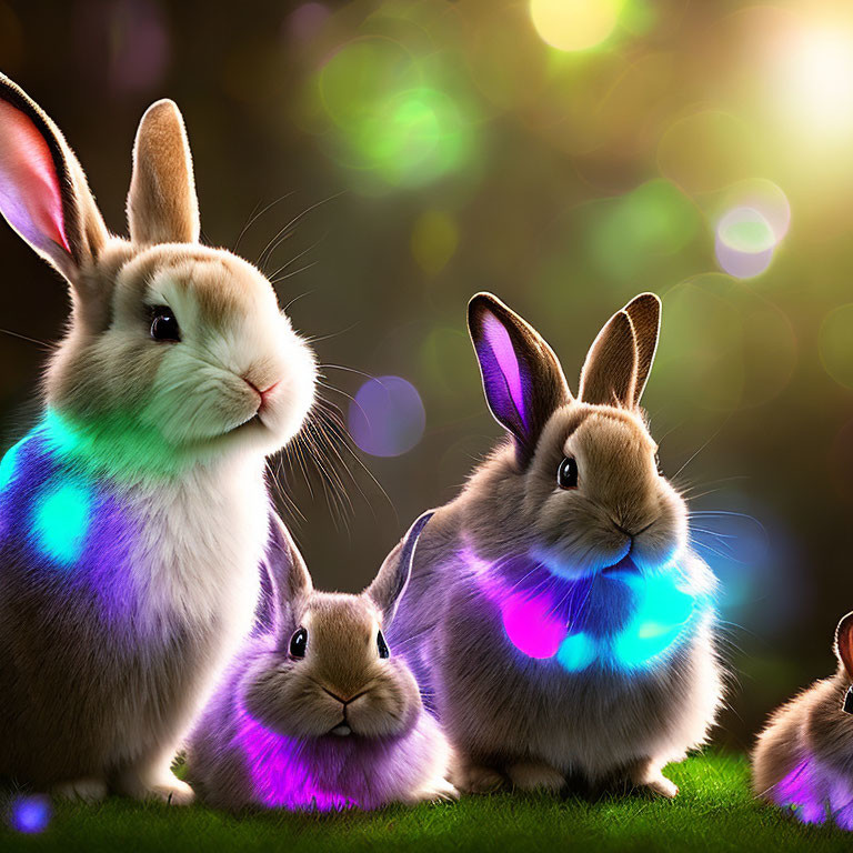 Adorable rabbits under colorful lights on dark background