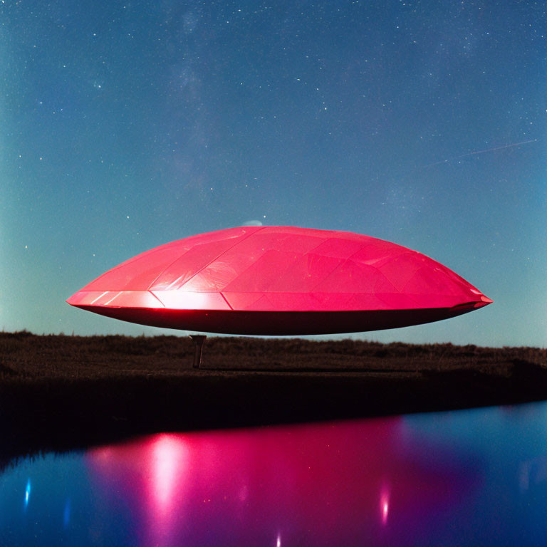 Red UFO-shaped object hovers over serene landscape at night