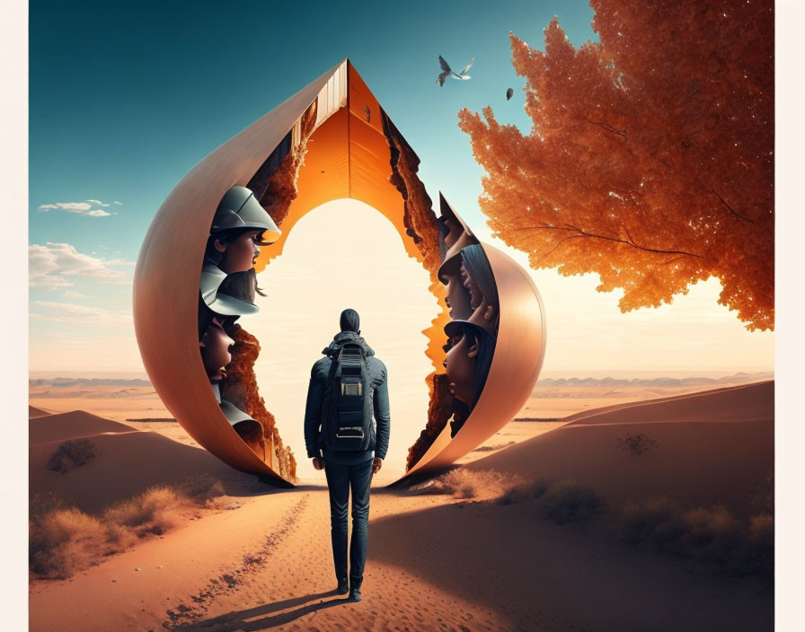 Person walking towards leaf-shaped portal in desert to autumn scene with tree and birds