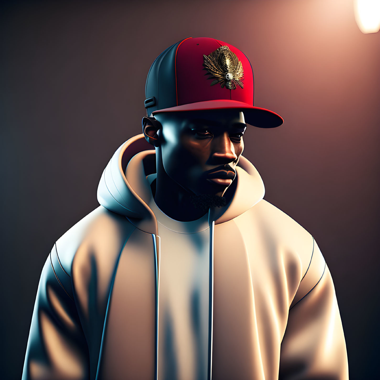 Stylized digital portrait of man with beard in red cap and cream hoodie