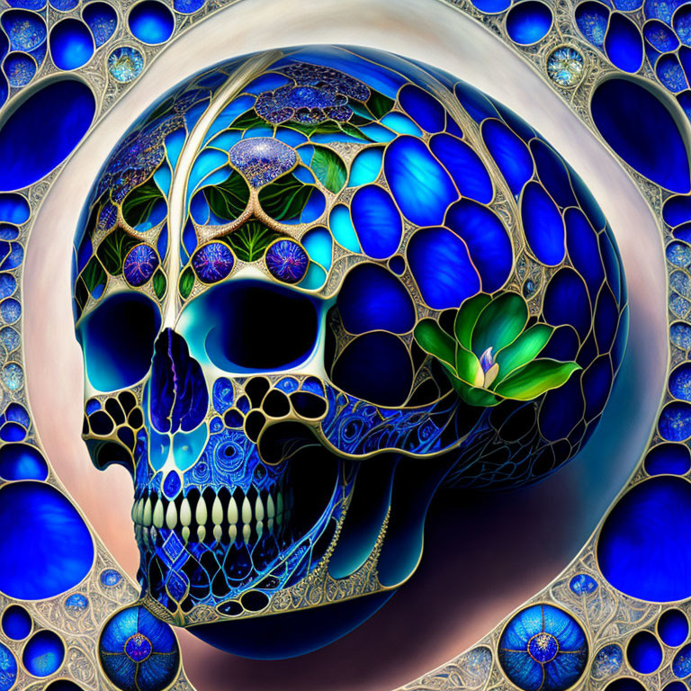 Intricate Blue and Purple Skull Fractal Art with Circular Motifs