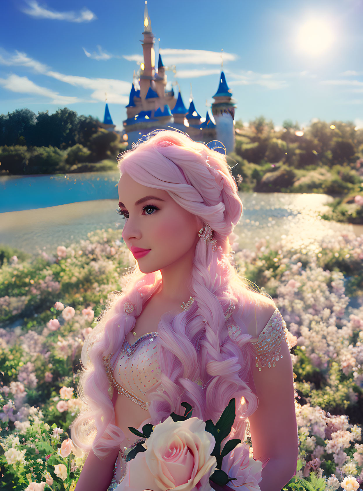 Pink-haired woman in braid gown in blooming field with castle backdrop