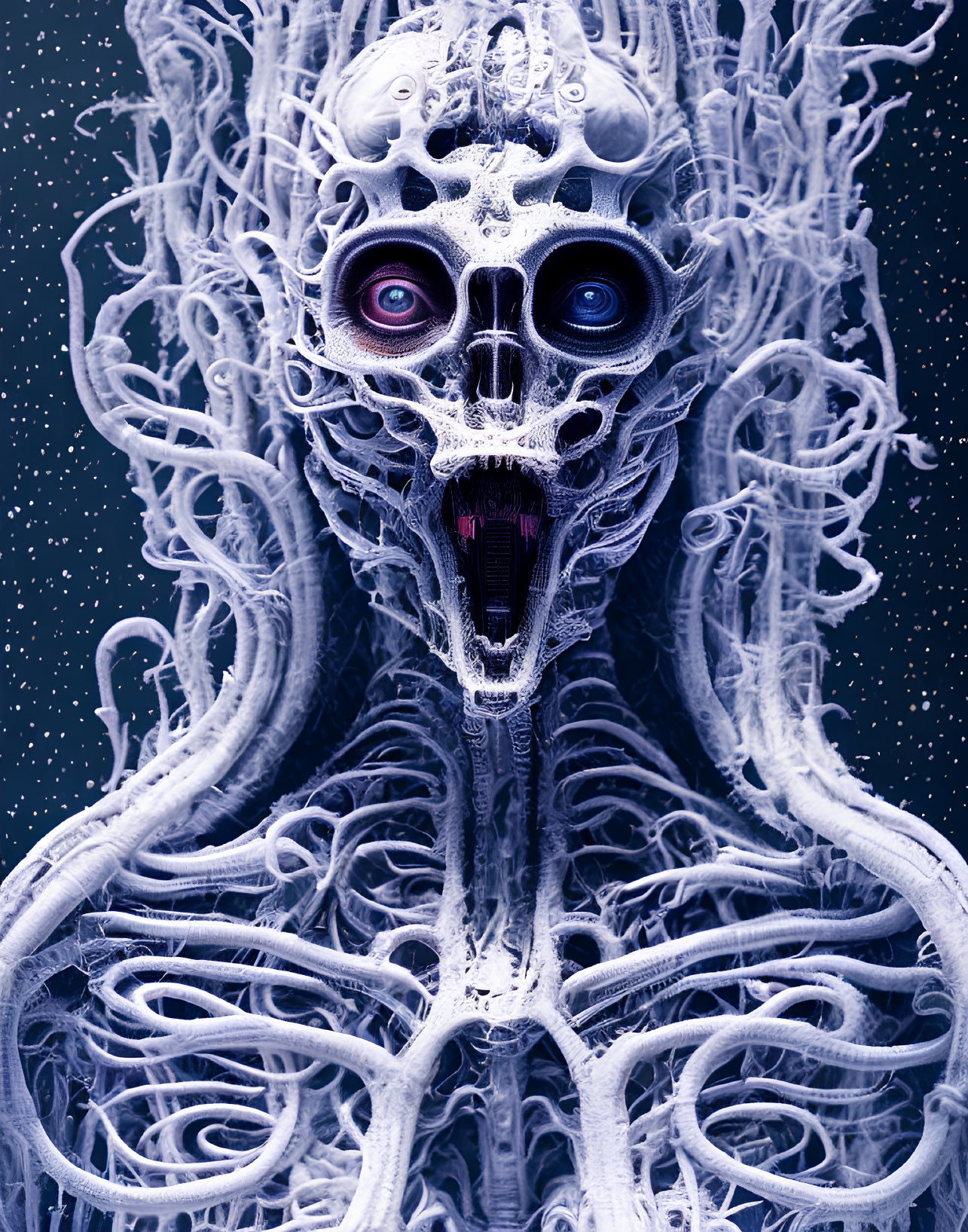 Surreal digital artwork: skull-like figure with multiple eyes and bone-like structures