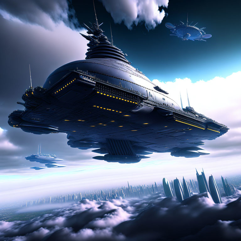 Futuristic spacecraft hovering over modern cityscape