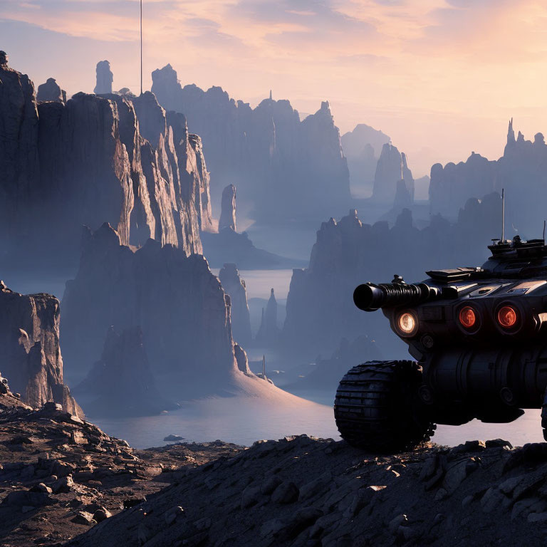 Futuristic tank on rugged alien landscape with towering rock formations