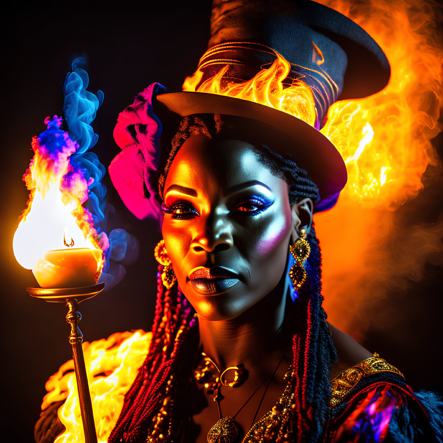 Woman in top hat with dramatic makeup amidst vibrant flames holding candelabra