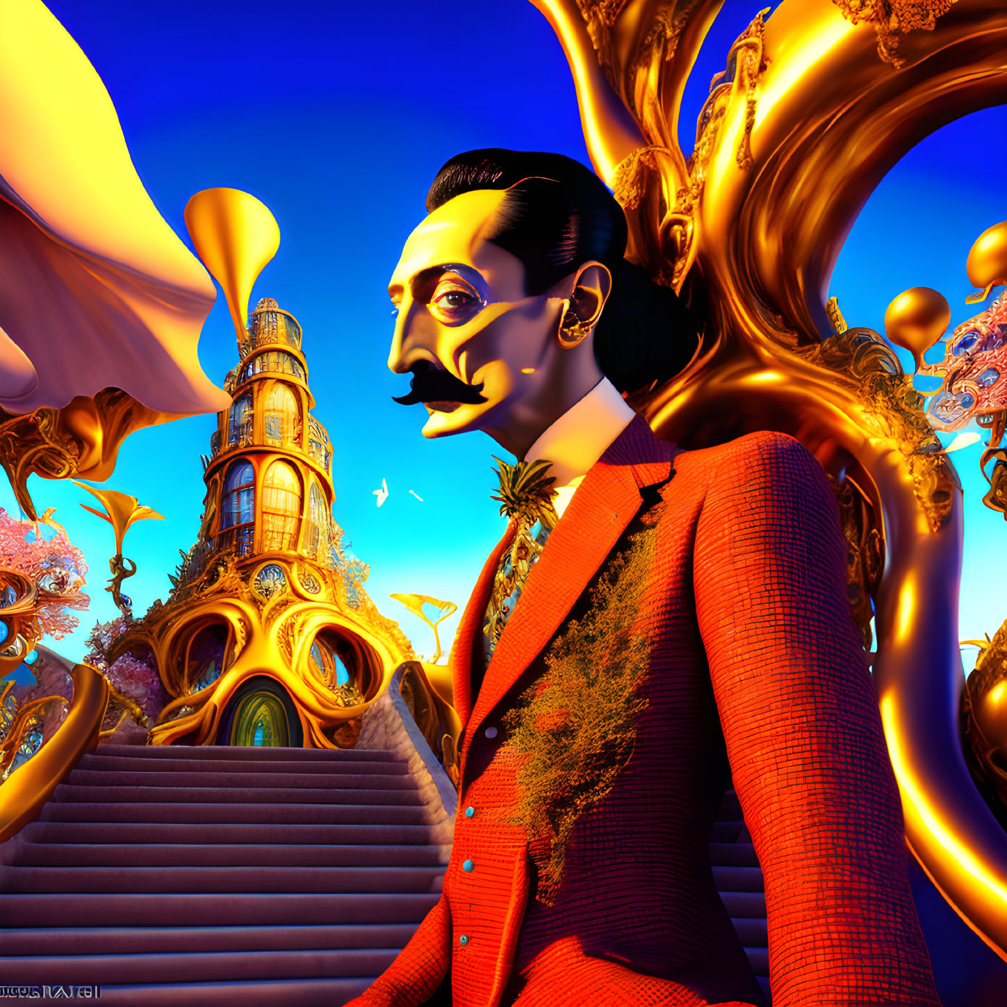 Colorful surrealist artwork with Dali-esque figure and golden structures