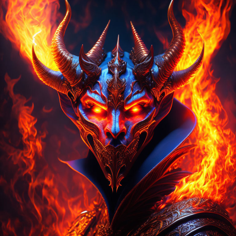 Fiery demonic figure with glowing red eyes and intricate armor in flames