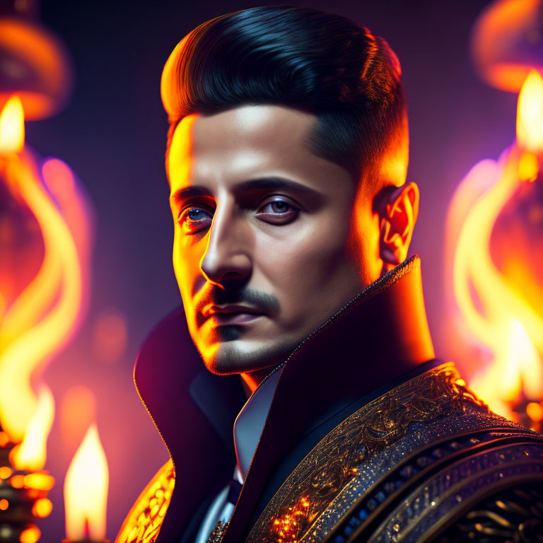 Man with Sculpted Haircut and Mustache in Ornate Black and Gold Jacket against Fiery Background