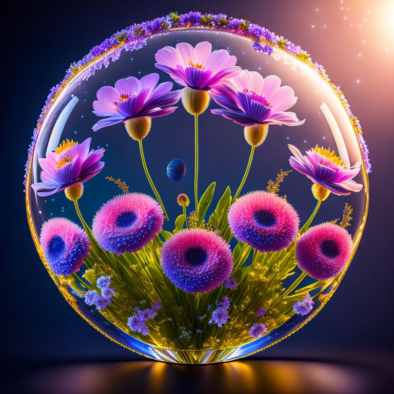 Colorful Glass Sphere with Fantastical Flower Landscape on Blue Background