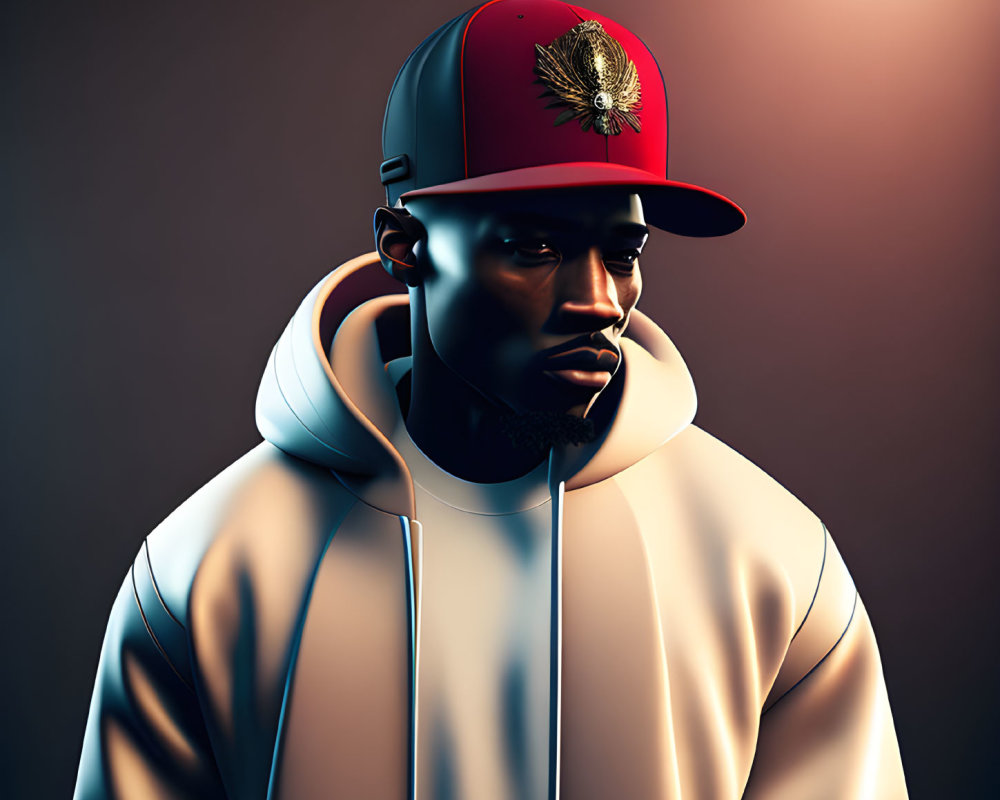 Stylized digital portrait of man with beard in red cap and cream hoodie