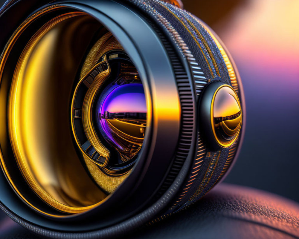 Sleek camera lens with golden details reflecting sunset hues