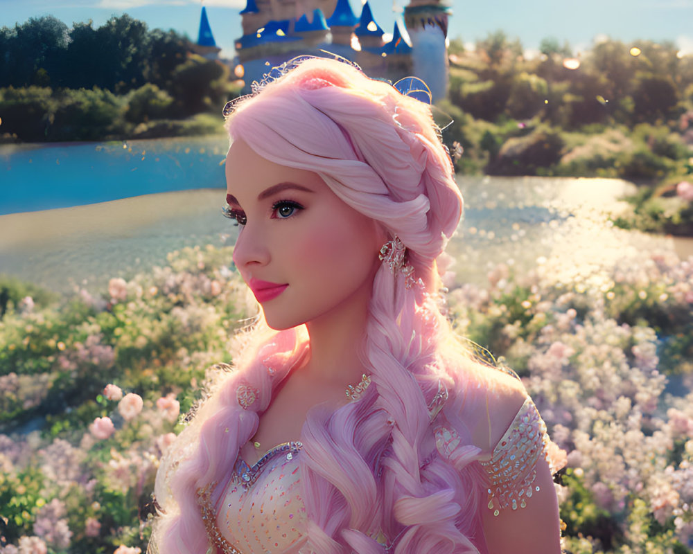 Pink-haired woman in braid gown in blooming field with castle backdrop