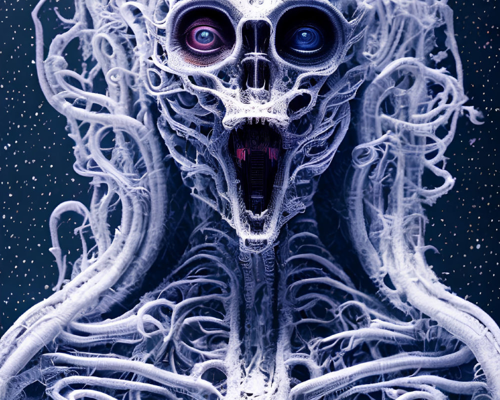 Surreal digital artwork: skull-like figure with multiple eyes and bone-like structures