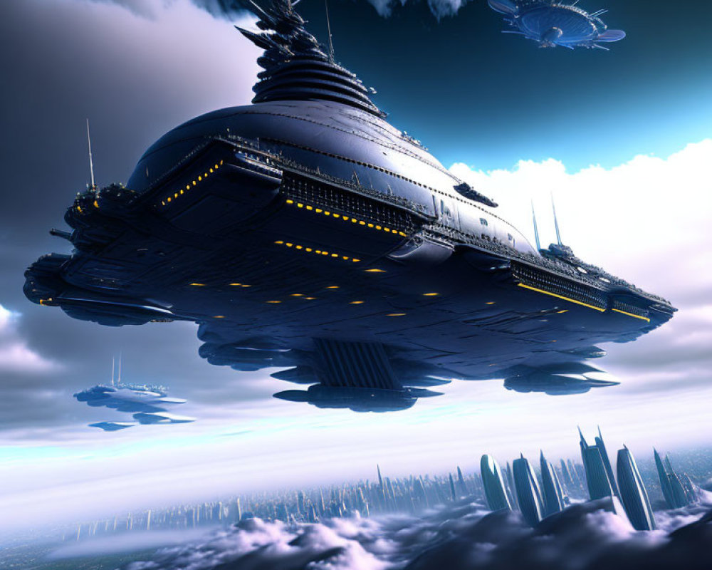 Futuristic spacecraft hovering over modern cityscape