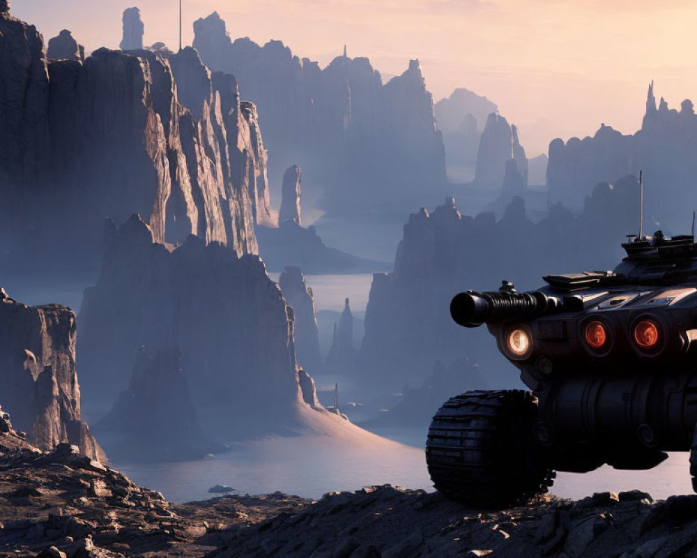 Futuristic tank on rugged alien landscape with towering rock formations