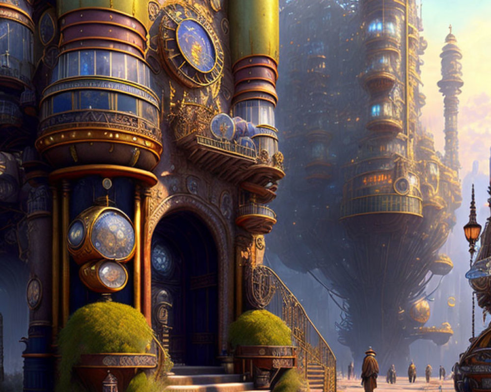 Ornate Steampunk Cityscape with Clockwork Towers and Airships