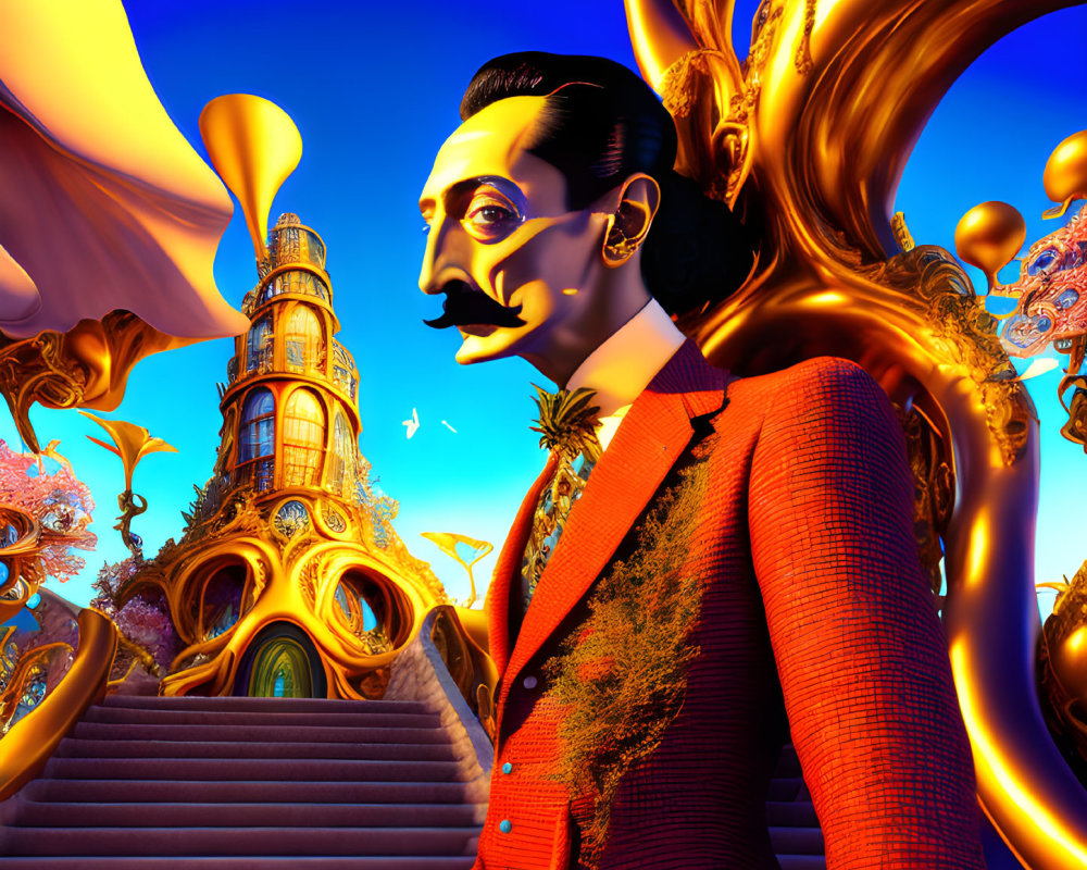 Colorful surrealist artwork with Dali-esque figure and golden structures