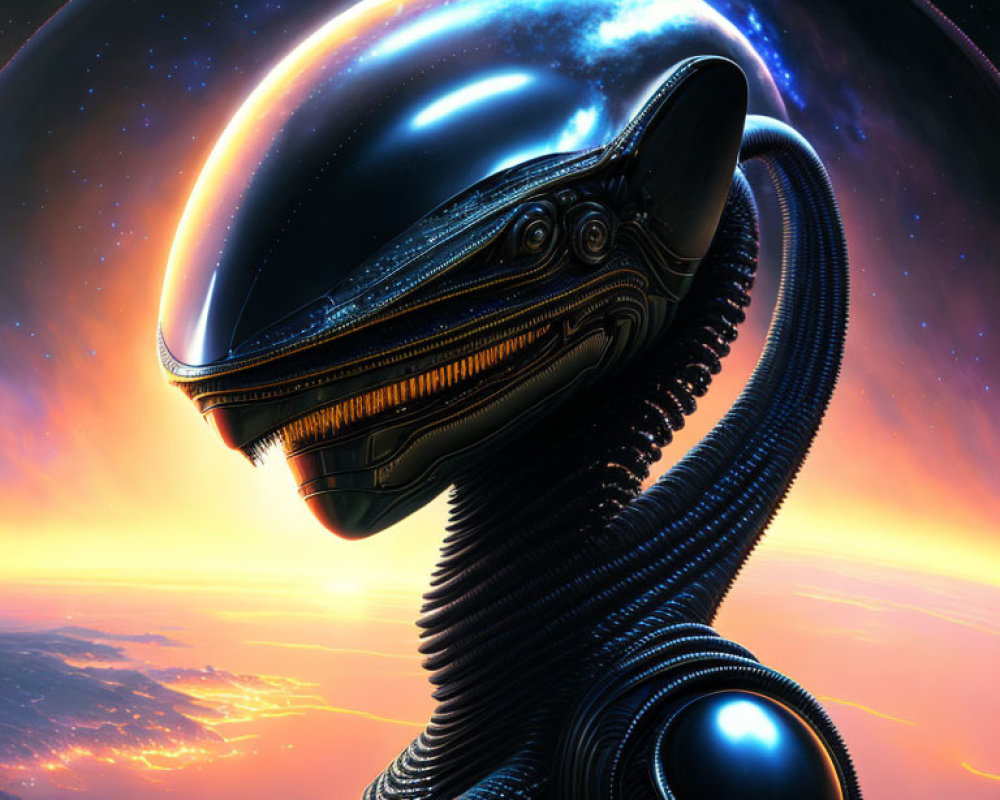 Alien in dark exosuit and reflective helmet against cosmic scenery