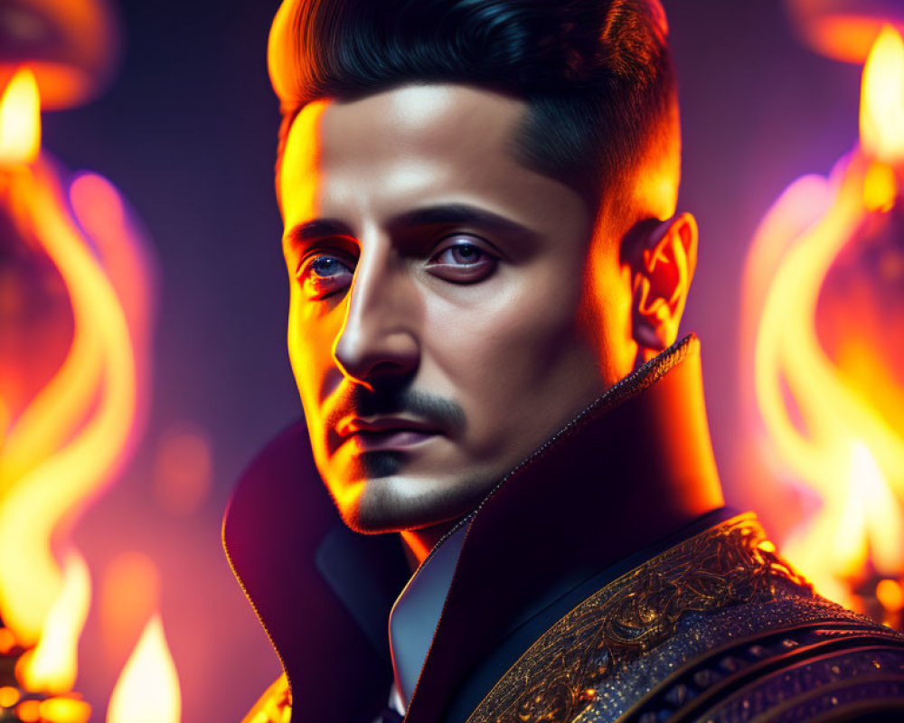 Man with Sculpted Haircut and Mustache in Ornate Black and Gold Jacket against Fiery Background