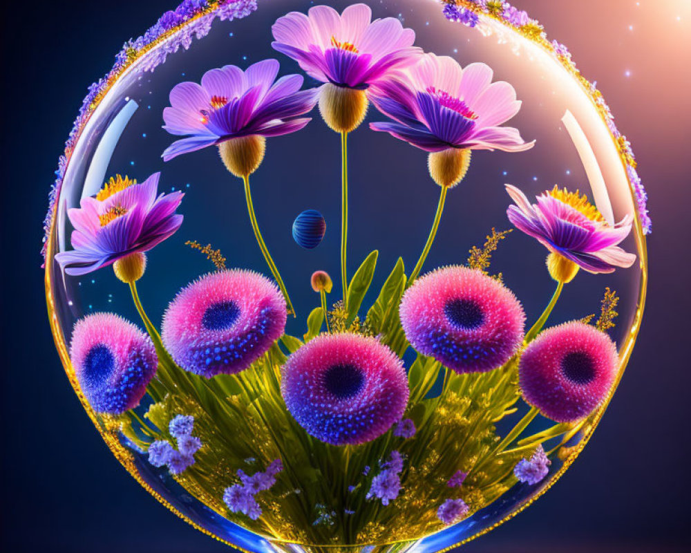 Colorful Glass Sphere with Fantastical Flower Landscape on Blue Background