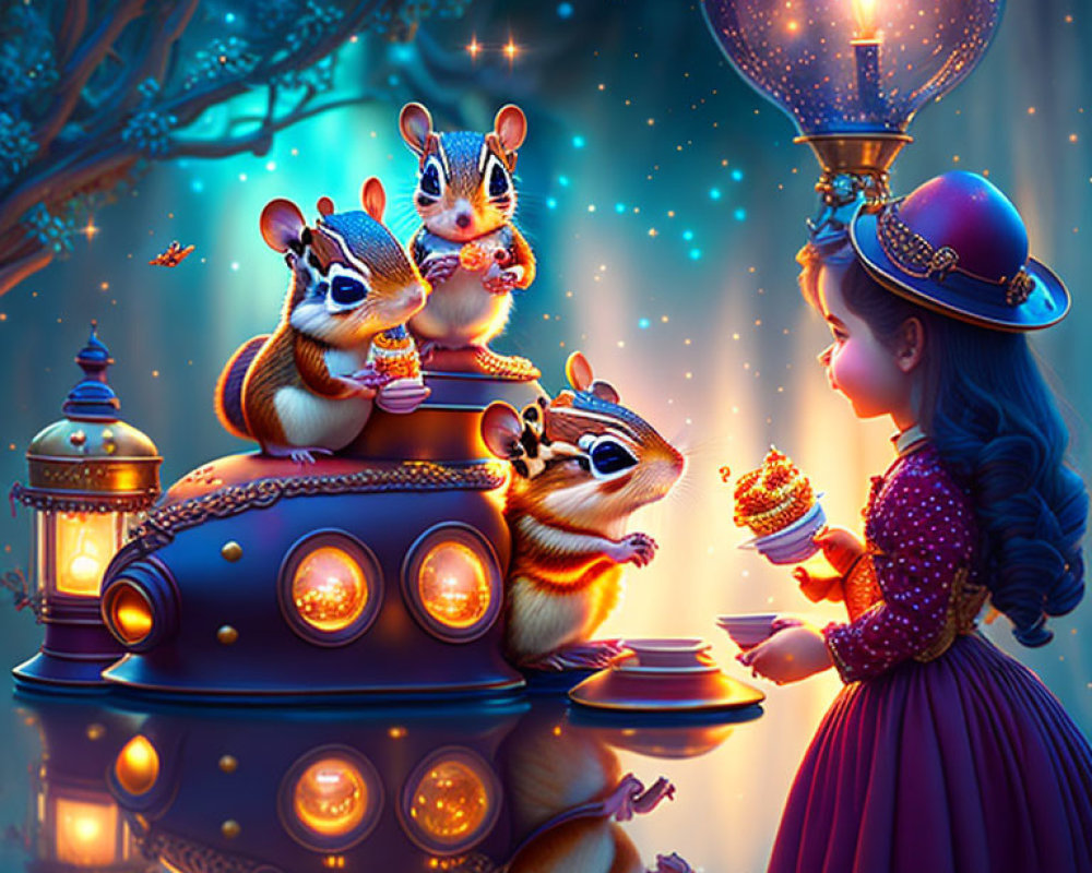 Enchanted animals enjoy cupcakes in magical forest scene