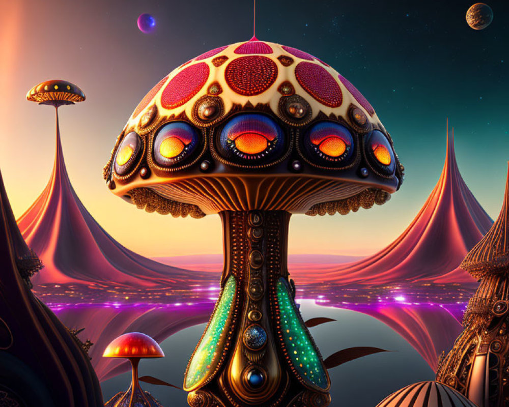 Psychedelic landscape with luminescent mushroom structures at twilight