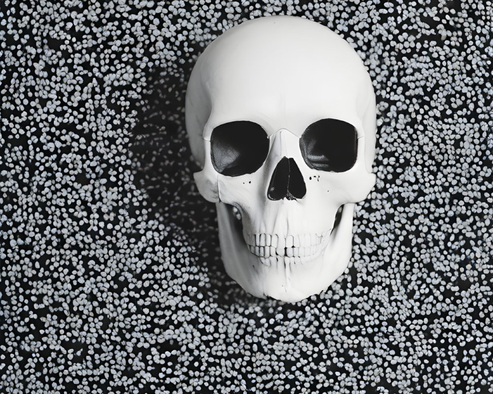 Realistic human skull replica on dark surface with white beads background