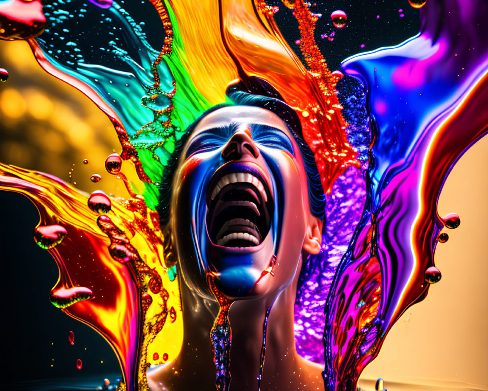 Vibrant liquid splashes around person with open mouth