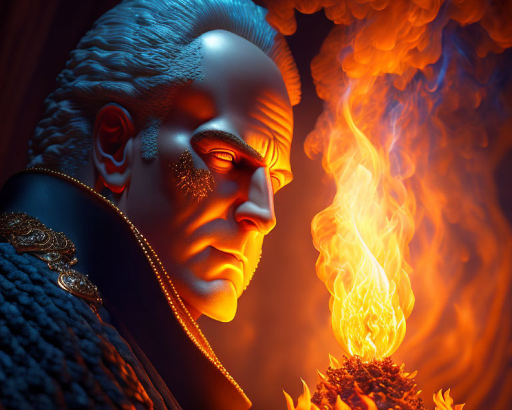 Blue-skinned male with glowing eyes and facial markings staring at fire in palm