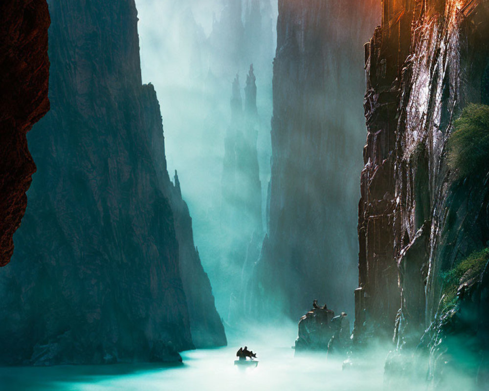 Misty canyon with waterfall, cliffs, and river boat